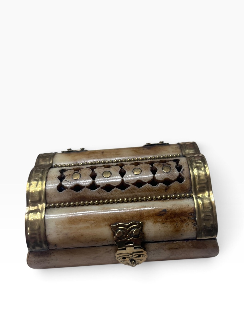 Vintage Decorative Carved Bone and Brass Accent Jewelry Box - Brown